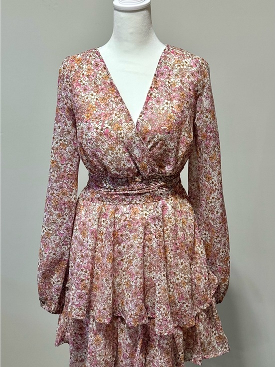 Japna Dresses & Skirts - Japna Floral Wrap Style Mini Dress Pink Long Sleeve Ruffle Hem Small